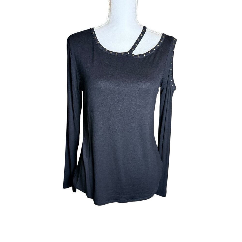 New Rock & Republic Long Sleeve Embellished Asymmetrical Cutout Top Black Medium